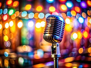 A retro microphone shines against a blurred, colorful restaurant background, ideal for music or nightlife promotions.