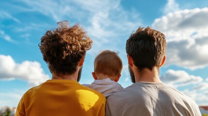 Two men stand closely together outdoors, one holding a baby, as they gaze at a bright blue sky dotted with fluffy clouds during the day. atmosphere feels warm and intimate