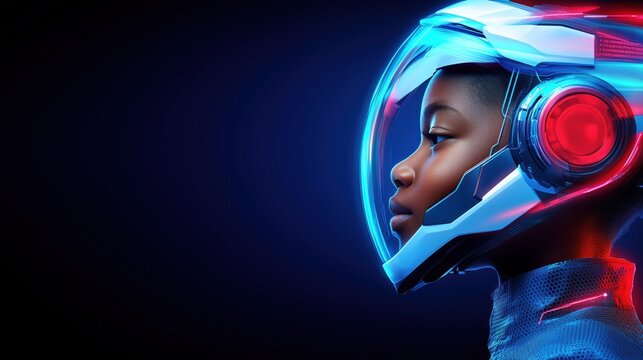 young astronaut is depicted wearing a sleek, high-tech helmet illuminated with vibrant neon lights. dark backdrop emphasizes the helmets details and the futuristic atmosphere