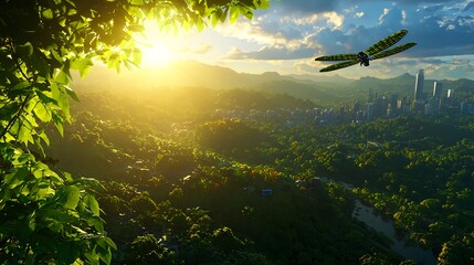 Naklejka premium Serene Landscape with Dragonfly Over Lush Green Mountains at Sunrise