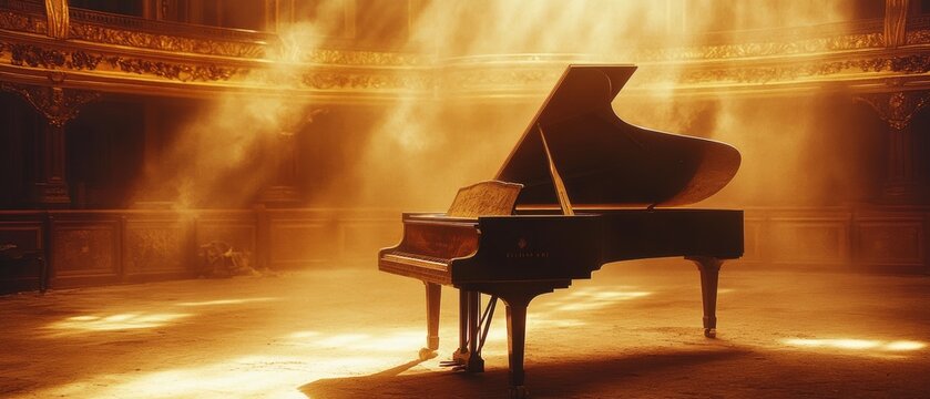 A grand piano basks in golden beams inside an empty theater, embodying musical elegance and timeless inspiration.