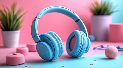 Light Blue Wireless Headphones on Pink and Blue Background