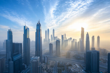 Urban skyline reflecting in calm water during late afternoon with clouds in the sky
