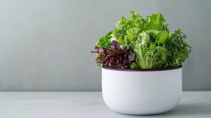 food safety storage risk concept. Fresh mixed greens in a modern white bowl on a light background.