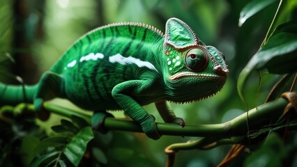 Fototapeta premium Chameleon resting on a branch surrounded by lush green foliage in a tropical forest