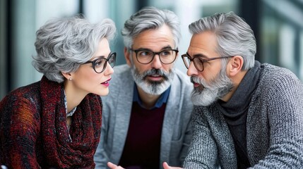 group of three older adults engages in a dynamic conversation about project ideas in a stylish office environment, illuminated by soft afternoon light filtering through large windows