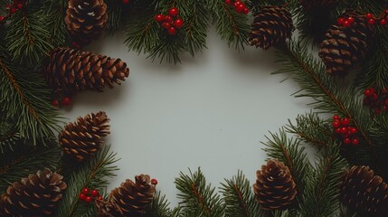 Naklejka premium Christmas Festive Frame Pine Cones Berries Branches Winter Holiday Decoration