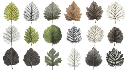 Fototapeta premium Detailed Botanical Illustration of Various Leaves, A Collection of Exquisitely Drawn Leaf Sketches in Muted Tones