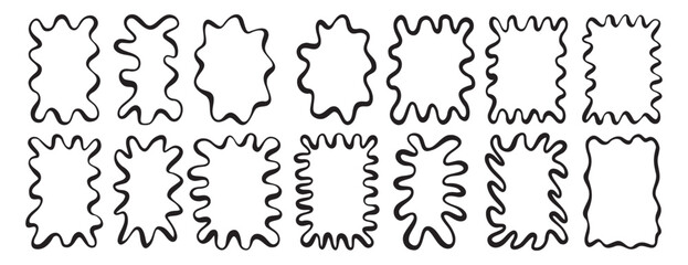 squiggle frame set. Smooth wavy border template. Rectangle serrated retro groovy shapes set. Cute funky geometric posters for modern design