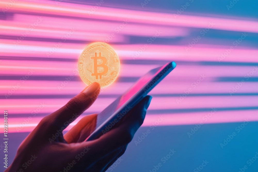 Aufkleber futuristic crypto finance hand holding smartphone and bitcoin over neon gradient - digital asset inn