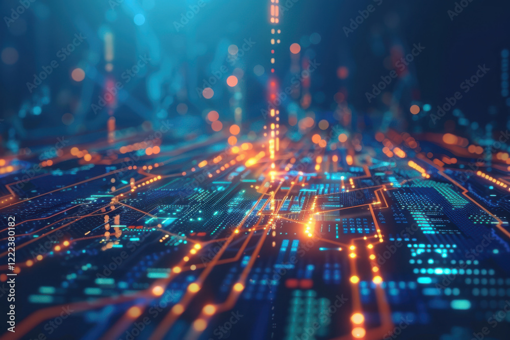 Wall mural close up horizontal abstract cybernetic virtual background with glowing lights and connections in a 