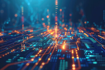 close up horizontal abstract cybernetic virtual background with glowing lights and connections in a futuristic technology context
