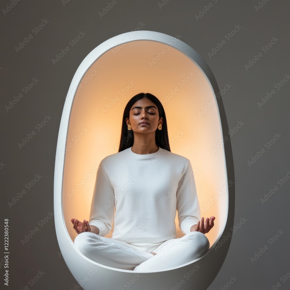 Aufkleber Minimalist Meditation Pod Integrated Biofeedback Display and Ambient Light with Indian Guide - Advanced Wellness and Tech-Driven Health Optimization in Modern Spaces