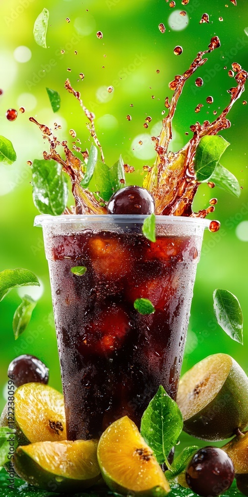 Poster close-up of refreshing drink with fruit and leaves splashing
