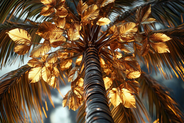 Golden palm tree glowing under the sunlight against a clear blue sky