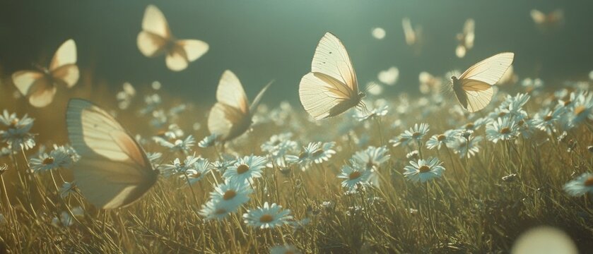 A multitude of butterflies flutter over a field of daisies, illuminated by gentle morning light.