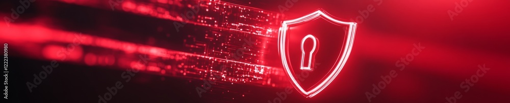 Poster Holographic Cybersecurity Neon Shield and Lock Icons in Virtual Space - Innovative Data Protection for Tech Professionals and Digital Marketing Security Solutions