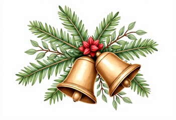Isolated Christmas Bell Clipart: Soft Brown, Sage Green Holly, Watercolor, Rustic Design, Single-Centered, Hand Painted, Neutral Tones, Pure White Background.
