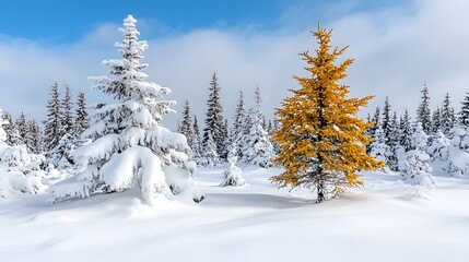 Fototapeta premium Stunning Winter Landscape, Snow Covered Trees and Golden Larch