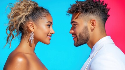 Two individuals stand facing each other, sharing a joyful moment with a radiant smile. bright blue and pink background enhances the playful atmosphere of the sunny day