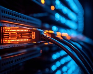 Futuristic Data Center Aesthetics LED-Illuminated Server Racks and Structured Cabling - Scalable IT Infrastructure for Modern Tech Enterprises and Digital Innovation