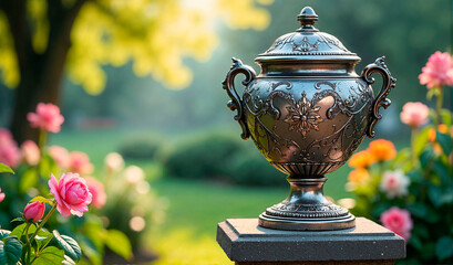 Fototapeta premium Intricately designed metallic urn on a stone pedestal in a serene garden with blooming flowers