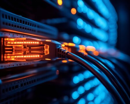 Futuristic Data Center Aesthetics LED-Illuminated Server Racks and Structured Cabling - Scalable IT Infrastructure for Modern Tech Enterprises and Digital Innovation