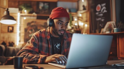 Fototapeta premium Man headphones laptop night home studio work