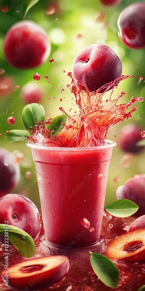 Poster refreshing plum juice splash with fresh fruit in background