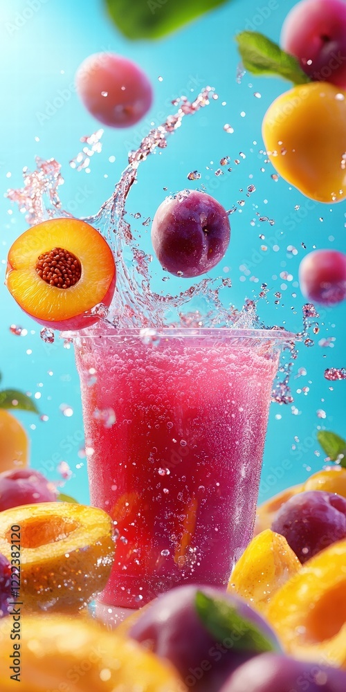 Poster refreshing fruit drink splash with plums and apricots in motion