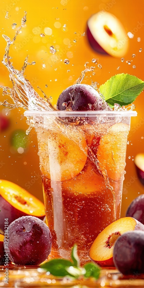 Poster refreshing close-up of sparkling plum drink with fruit splash