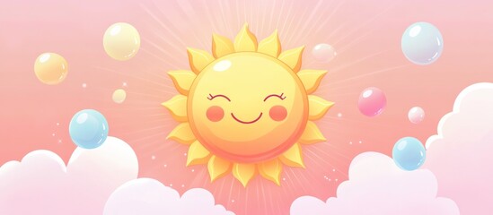 Fototapeta premium Happy sun smiling amidst pastel clouds and bubbles; kids' design