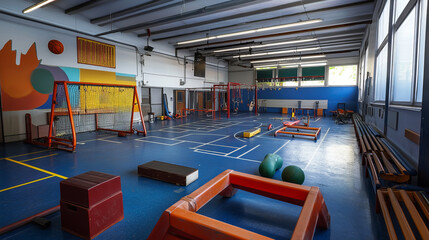 Fototapeta premium School gym, sport court equipment with basketballs balls in cart, basket on wall, soccer gate mat, bars, tribune and pommel horse isolated on white background, vector set in contemporary style