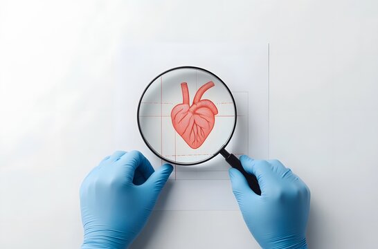 Doctor examining heart illustration with magnifying glass, cardiology and medical research concept