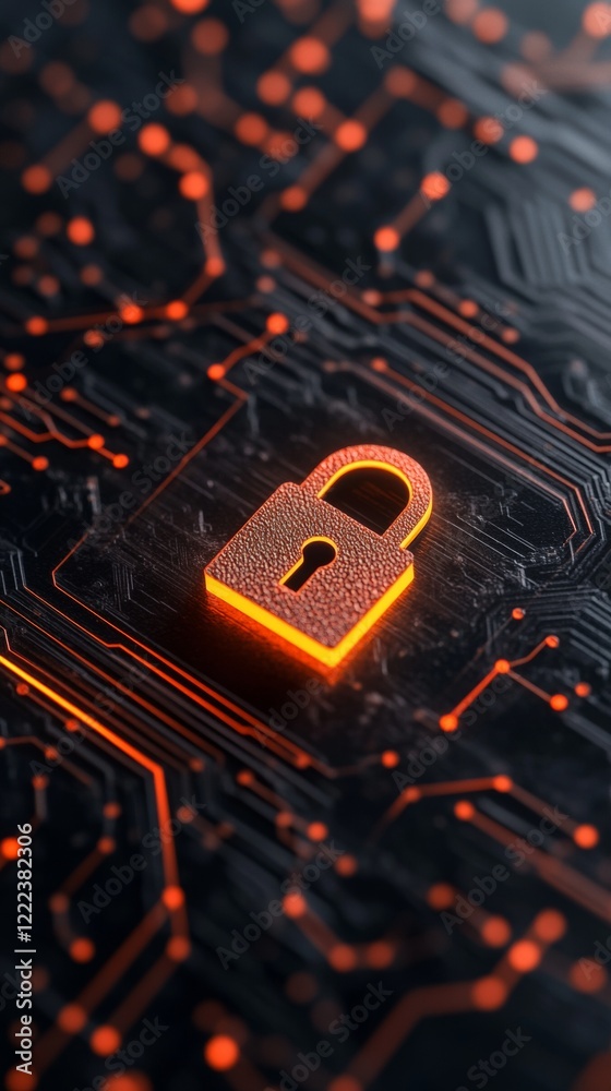 Poster Futuristic Cybersecurity Visual Circuit Board with Lock Icon for Digital Privacy - Tech Imagery in Online Protection and Secure Network Branding Solutions