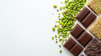 Close-up flat lay of rich Dubai chocolate bars with vibrant green pistachios and golden knafeh, framed with a clean white background