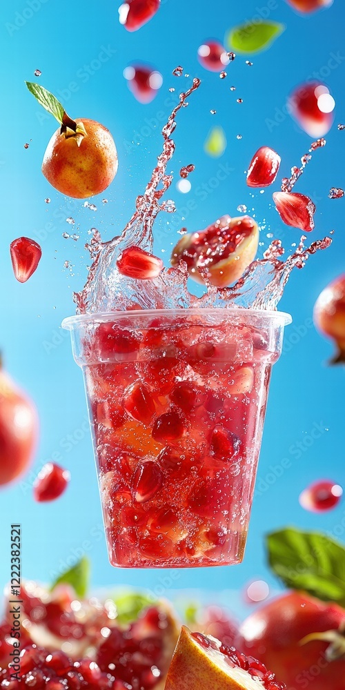 Poster close up of refreshing pomegranate beverage splashing in cup