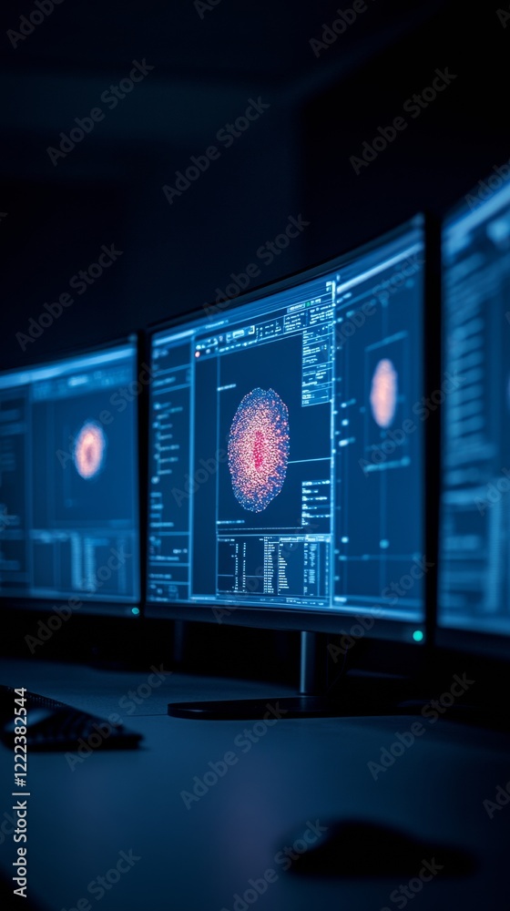 Leinwandbilder Futuristic Cybersecurity Hub Multi-Monitor Network Operations Center with Data Protection Interfaces - Advanced Crisis Management for Tech-Driven Business Resilience