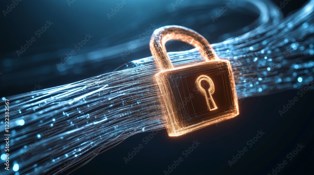 Poster Futuristic Network Visualization Glowing Digital Nodes and Padlock on Blue - Data Transparency and Security for Tech Innovation and Global Business Solutions