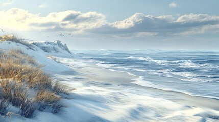 Obraz premium Snowy beach winter seascape, birds flying, coastal dunes, tranquil scene, postcard