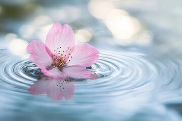 a delicate pink cherry blossom petal floating on a crystal-clear puddle, reflecting soft morning light, with tiny ripples creating concentric circles