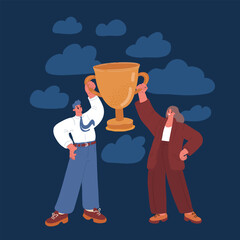 Cartoon vector illustration of a man and woman in business attire proudly holding a large golden trophy, symbolizing victory and success over dark background