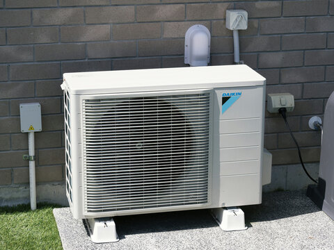 Daikin air conditioner split system - outdoor unit. Heat pump. Auckland, New Zealand - January 27, 2025
