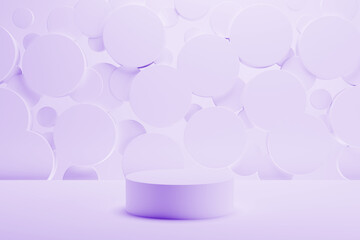 Light purple abstract stage mockup - round podium for presentation cosmetic products, branding, goods, advertising, sale. Flying circles decor. Template 3D illustration modern gentle geometric scene.