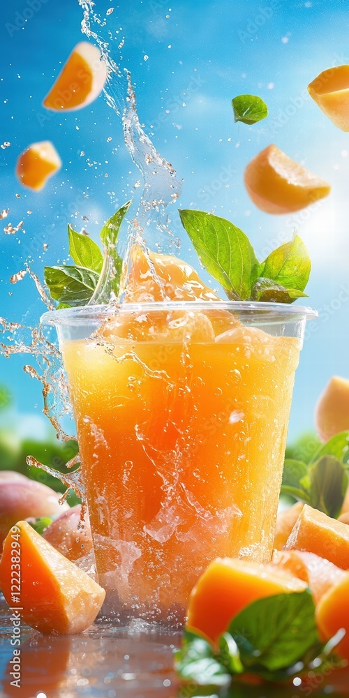 Poster Refreshing Citrus Drink with Splash in Close-Up View