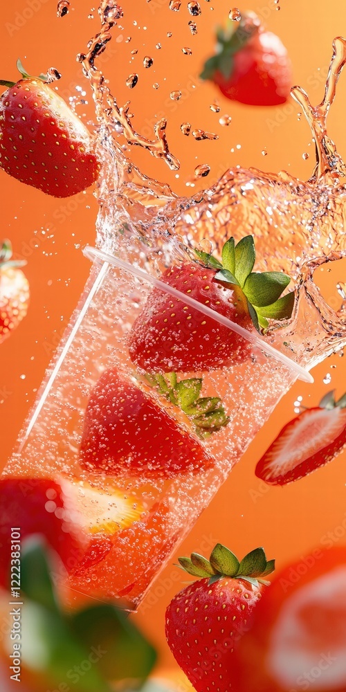 Poster refreshing strawberry splash in a clear cup with orange background