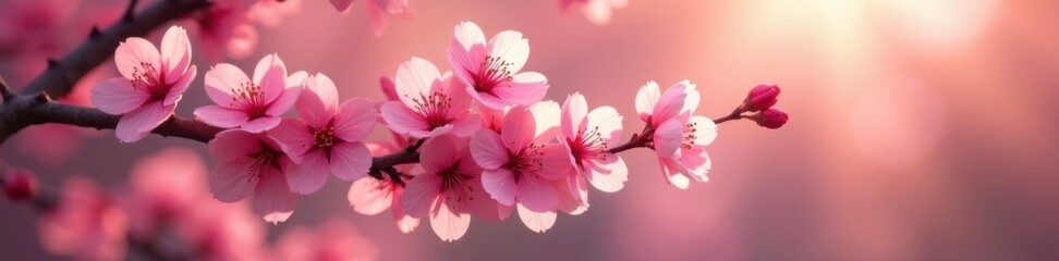 Pink sakura blossoms on a branch in warm sunlight, branch, petals