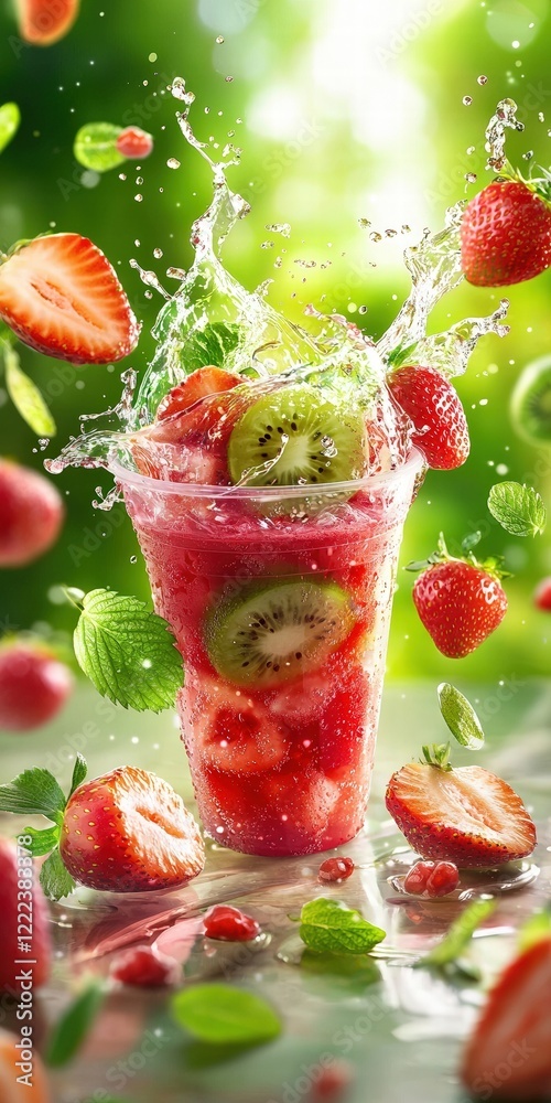 Poster refreshing strawberry kiwi splash in a transparent cup with mint