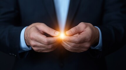 man wearing a formal suit stands in a dimly lit studio, holding a small glowing light between his hands