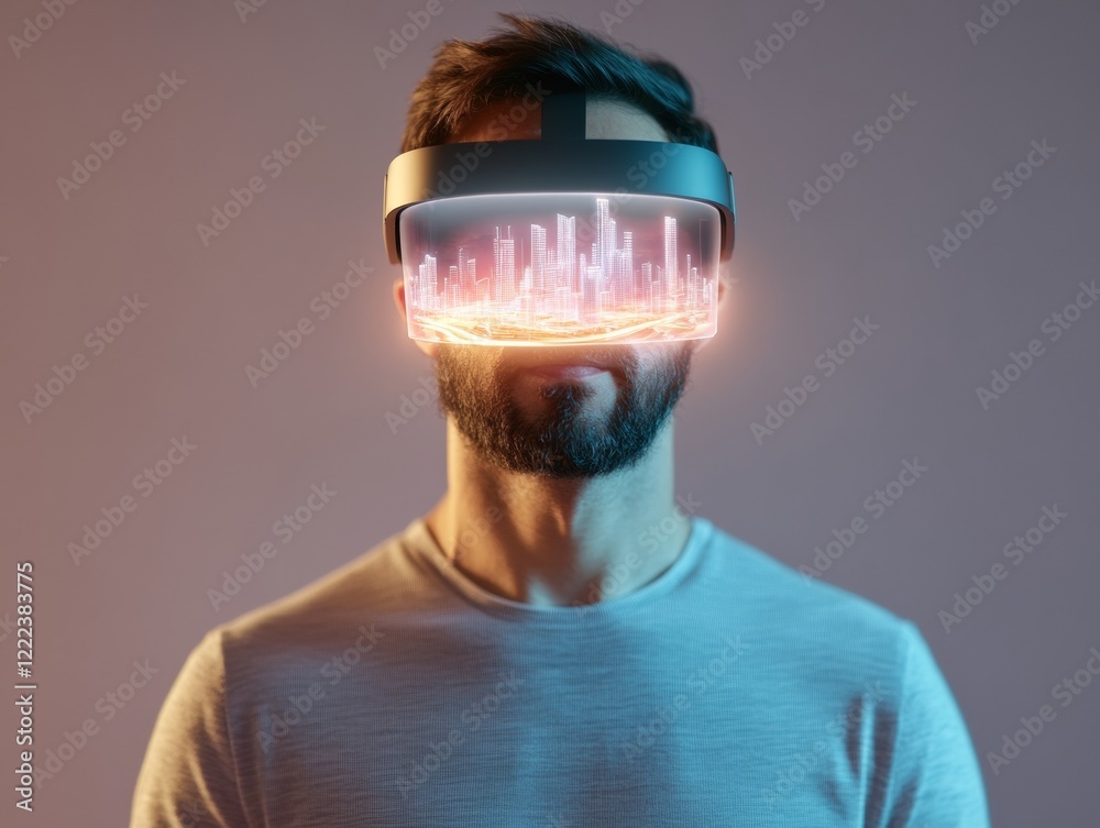 Leinwandbilder tech-driven urban planning middle eastern architect with xr headset on steel and glass table in meta